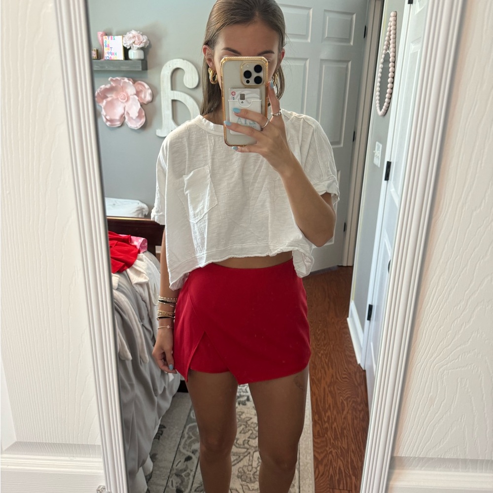 White Crop Top and Red Skort Set